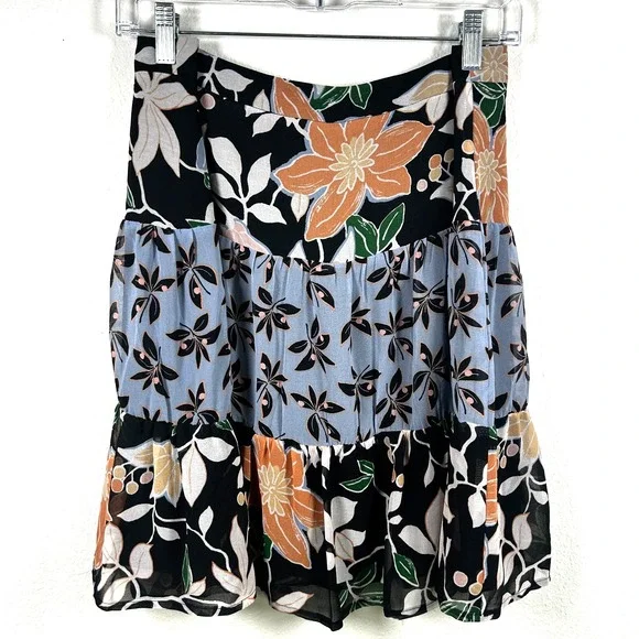LOFT Tiered Mini Skirt Floral Mixed Print Black Blue Orange Size 14 NWT 90s Boho - Picture 3 of 4